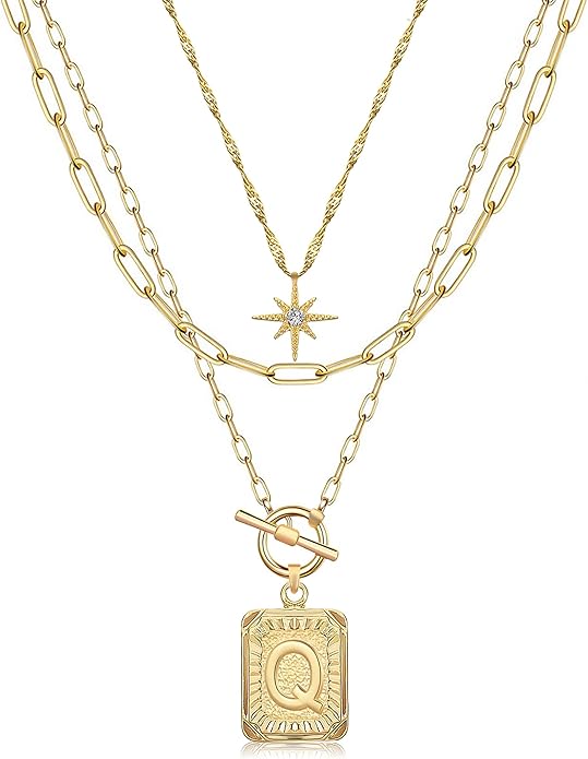 MJartoria Layered Initial Necklaces for Women Trendy, 14K Gold Plated Brass Simple Star Choker Square Letter Pendant Necklace, Paperclip Chain Necklaces Jewelry Gifts