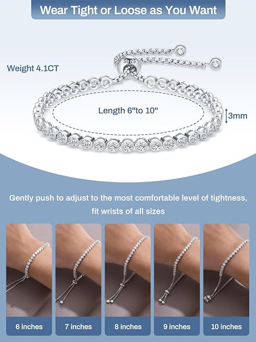 Moissanite Tennis Bracelet Adjustable for Women - 14k Gold Plated Sterling Silver Lab-created Diamond Link Bracelets Luxury Dainty Birthday Wedding Anniversary Womens Mom Wife Girlfriend Jewelry Gifts
