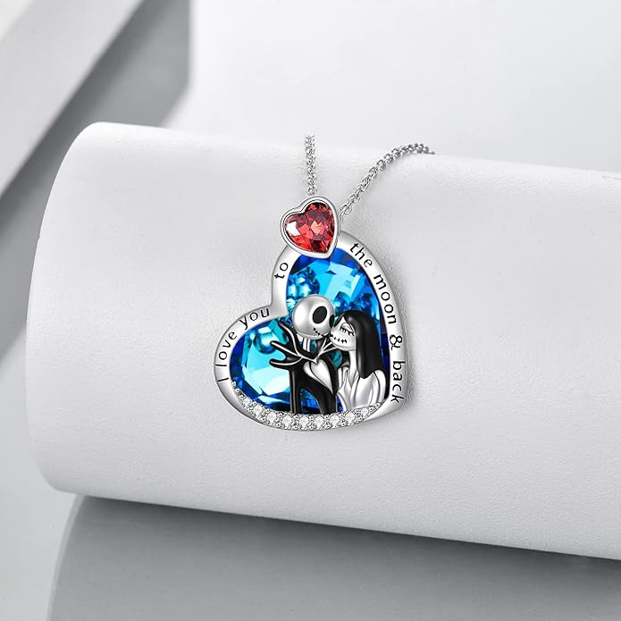 LILALO Nightmare Necklace Sterling Silver Abalone Shell Crystal Jack and Sally Necklace Jack Skellington Skull Jewelry Skull Necklaces for Women