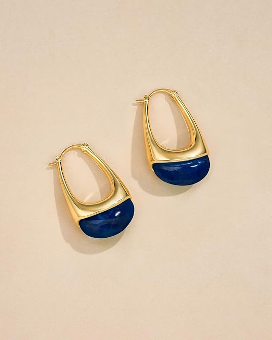 Long Oval Chunky Dangle 18K gold plated Hoops with Colored Resin Gemstone Statement Earrings for Women by SNGIA, (Green, Brown, Blue, Pink, White, Cream), Bold Drop Handmade Exaggerated Irregular Trendy Bohemian Jewelry Gifts, Unique Dangling Teardrop ...