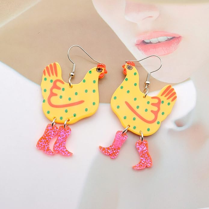 Acrylic Boot Big Chicken Earrings,Funny Colorful Boots Chicken Drop Dangle Earrings,Cock Hen Foot Chicken Earrings for Women Farm Design Lovely Gift