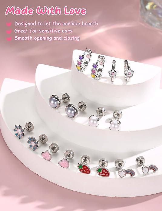 Florideco Hypoallergenic Earrings for Women 316 Surgical Steel Earrings for Sensitive Ears Cute Small Daisy Hoop Earring Heart Flower Strawberry Rainbow Flat Back Earring Sets