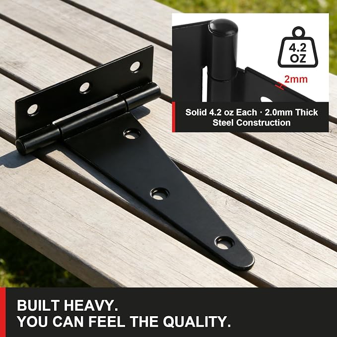 5 Inch Heavy Duty Door Hinges, 6 Pack Black Hinges T Strap Hinges, True 2.0mm - Image 2