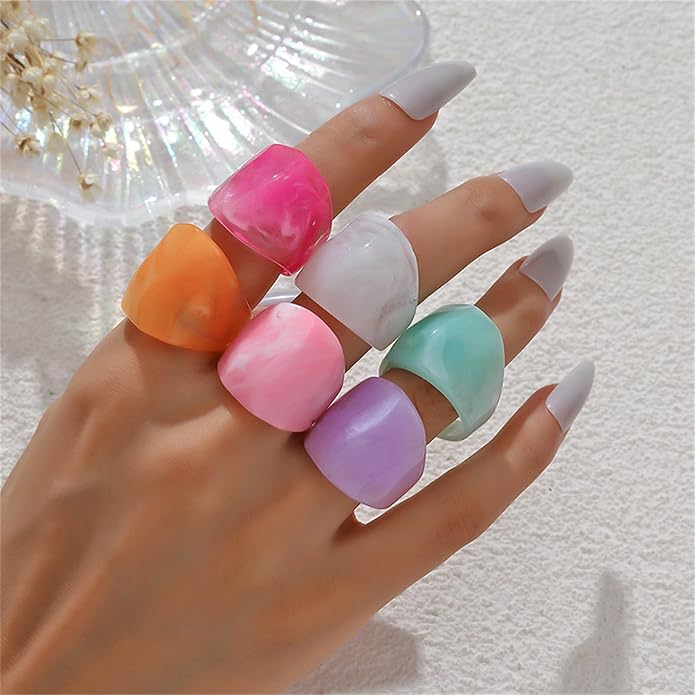 Multicolor Resin Chunky Rings for Women,Acrylic Plastic Rin Knuckle Finger Cute Trendy Aesthetic Y2k Statement Ring Vintage Simple Geometric Rings Jewelry