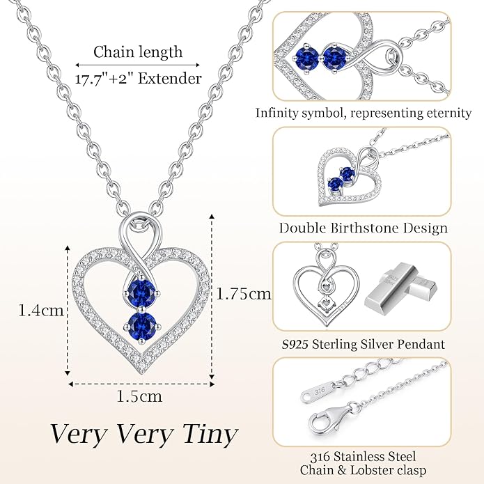 LOUISA SECRET Infinity Double Birthstone Necklace, 925 Sterling Silver Tiny Pendant Heart Necklace for Women Wife Her, Best Jewelry Gift Heart Jewelry Meaningful Gift for Valentine's Day, Christmas, Birthday Anniversary