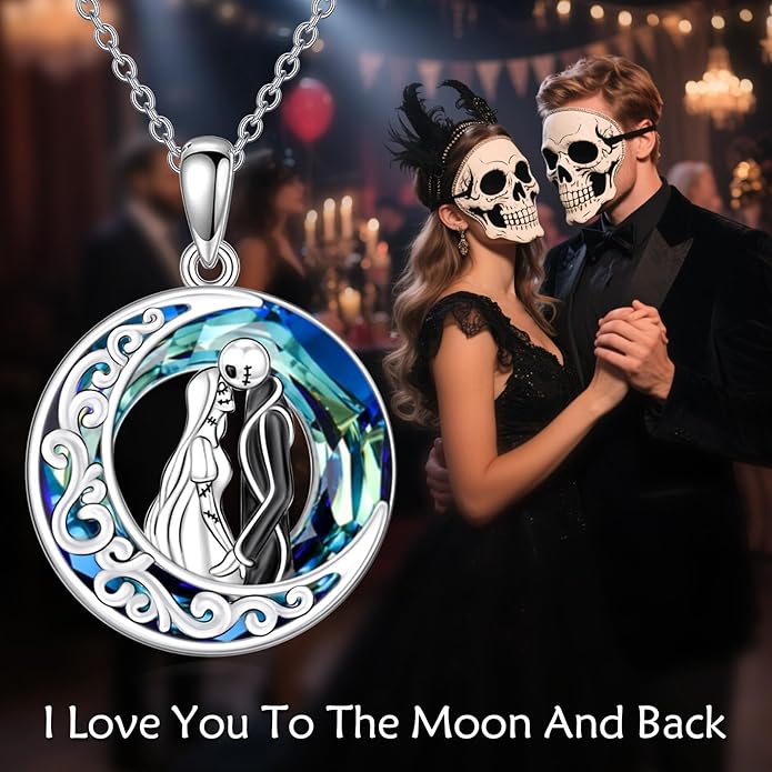 LILALO Nightmare Necklace Sterling Silver Abalone Shell Crystal Jack and Sally Necklace Jack Skellington Skull Jewelry Skull Necklaces for Women