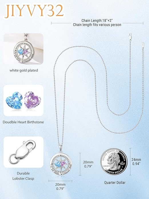 Compass Necklace for Women, Exquisite S925 Valentines Day Anniversary Birthday Gifts for Wife Her Double Birthstone Pendant Jewelry ‘I'd be Lost Without You’