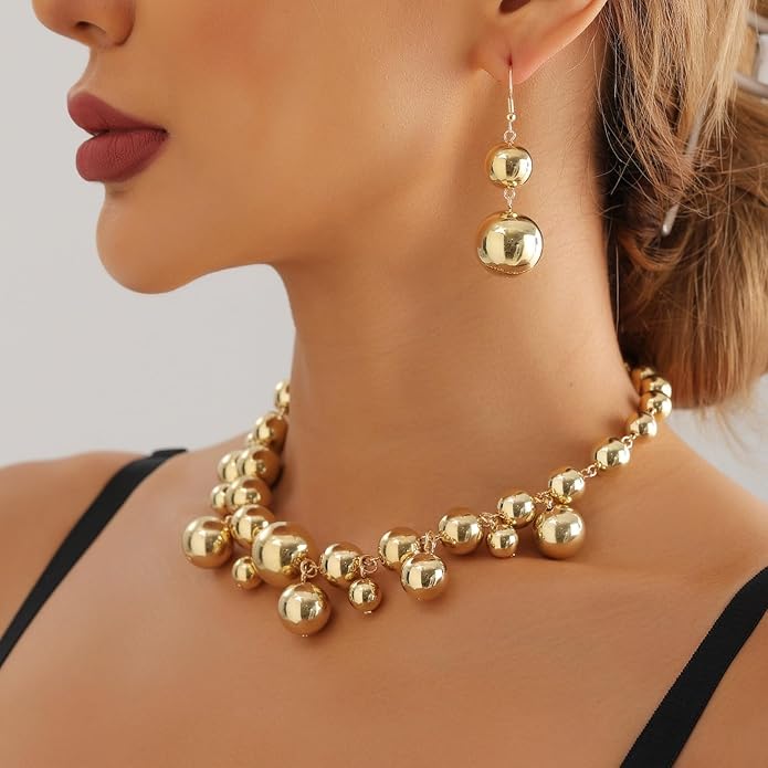 Chunky Gold Beads Necklaces for Women,Vintage Exaggeration Necklace Statement Punk Big Thick Beaded Necklace Fashion Classic Jewelry