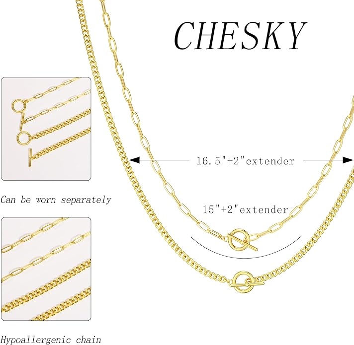 CHESKY Layered Necklaces for Women, 14K Gold Plated Chain Necklace Women Trendy Cuban Link Paperclip Chain Toggle Clasp Necklace Fashion Chunky Jewelry for Women