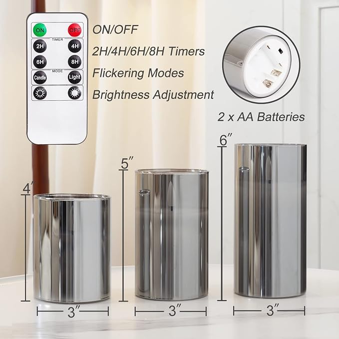Homemory Grey Glass Flameless Candles, Real Wax, Remote Timer, 3 Pack | - Image 8