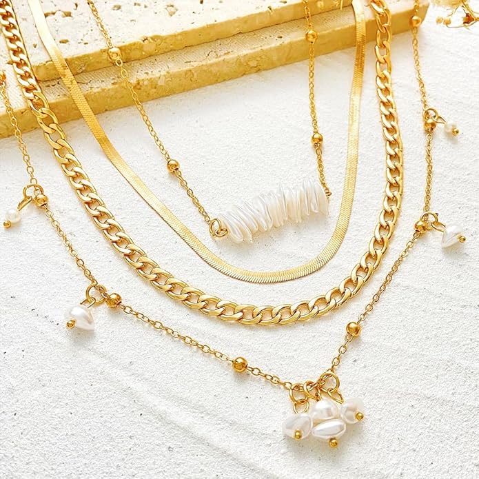 Gold Pearl Layered Necklace for Women,Vintage Stackable Irregular Pearls Choker Necklace Trendy Jewelry,Daily Wear Outfit Accessory Birthday Gift