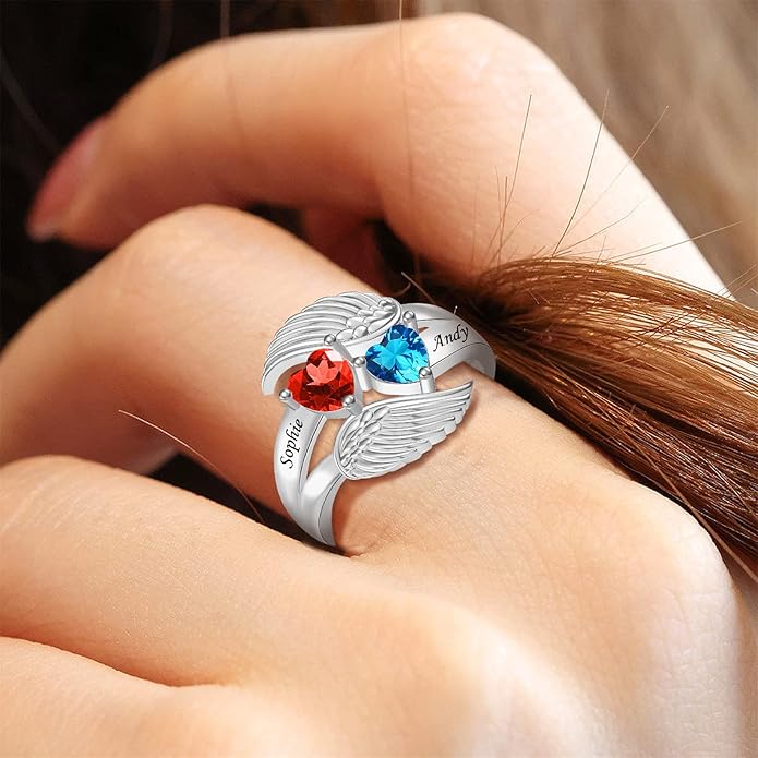 Personalized Heart Birthstone Rings for Women with 2 Birthstones Custom Name Rings for Couple Mother Daughter Jewelry Gift for Mother Her Christmas