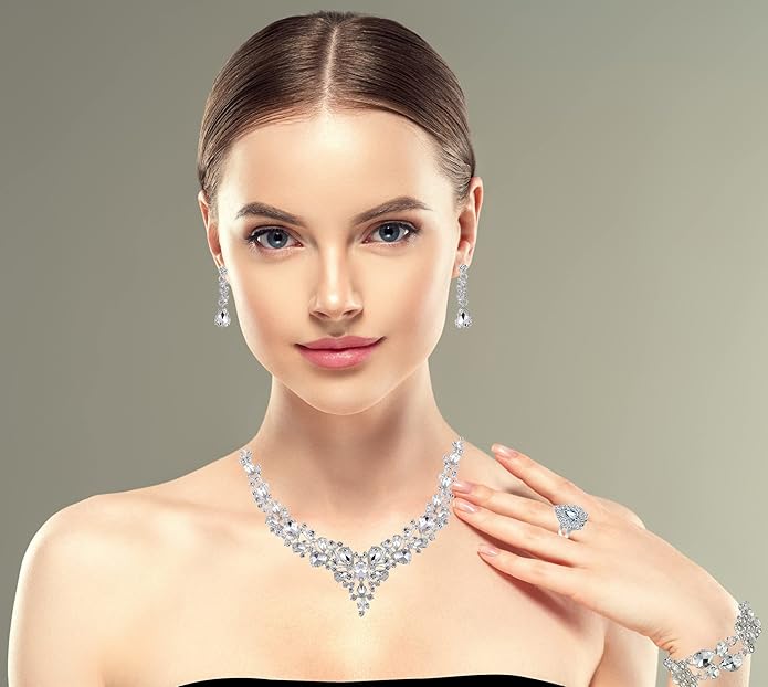 Crystal Bridal Wedding Jewelry Sets for Women Rhinestone Teardrop Crystal Statement Choker Necklace Drop Earrings Link Bracelets Rings Teardrop Jewelry Set for Brides Bridesmaids