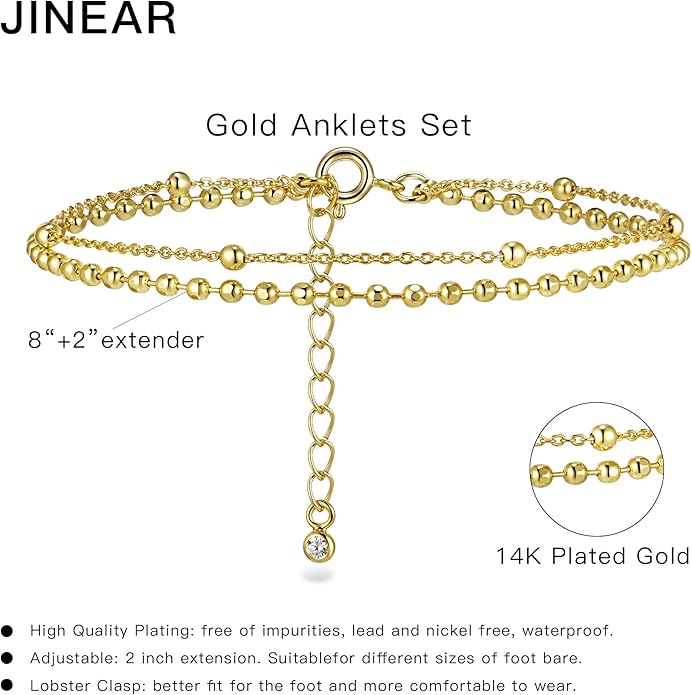 JINEAR Gold Ankle Bracelets for Women，14K Gold Plated Waterproof Chain Herringbone Layered Beaded Anklets Adjustable Summer Beach Jewelry Gift for Women