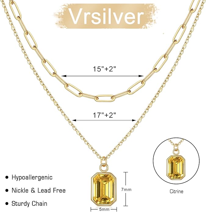 Layered Birthstone Necklace for Women Girls, 14K Gold-Plated Paperclip Chain Choker Necklace with Rectangle Birthstone Pendant Birthday Gifts for Women Girls Dainty Small