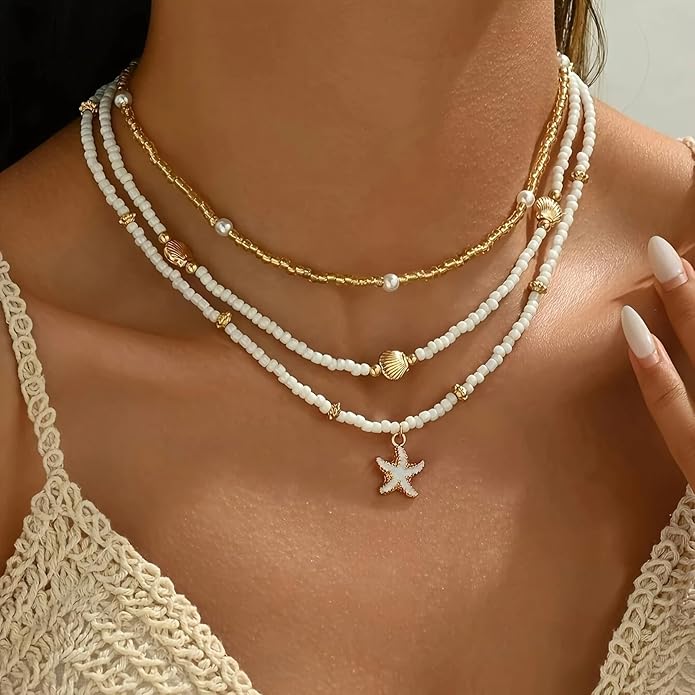 Shell Starfish Necklace for Women, 14k Gold Plated Boho Layered Beaded Charm Pendant Necklace, Dainty Adjustable Pearl Conch Summer Beach Vacation Jewelry Gifts