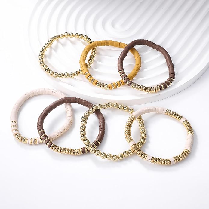 GOOJIDS Surfer Heishi Clay Bead Bracelets for Women Bohemian Stackable Gold Plated Beaded Stretch Bracelets Elastic Layering Friendship Bracelets Set Boho Jewelry