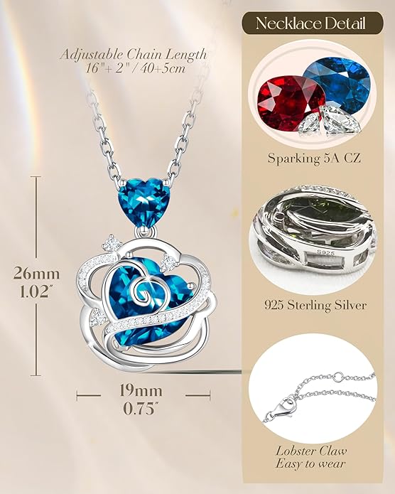 FANCIME Thornless Pulse Heart Birthstone Necklace for Women Sterling Silver Rose Pendant Fine Jewelry Gemstone Birthday Valentines Day Gifts for Wife Her