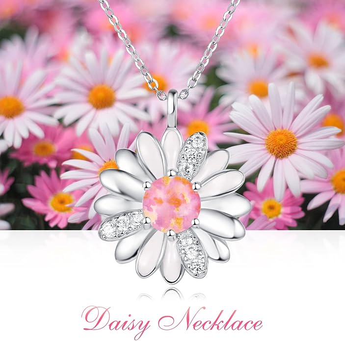 KINGWHYTE Daisy Necklace Gifts for Women 925 Sterling Silver Opal Daisy Pendant Spring Flower Necklace Jewelry Graduation Birthday Celebrate Congratulation Gift