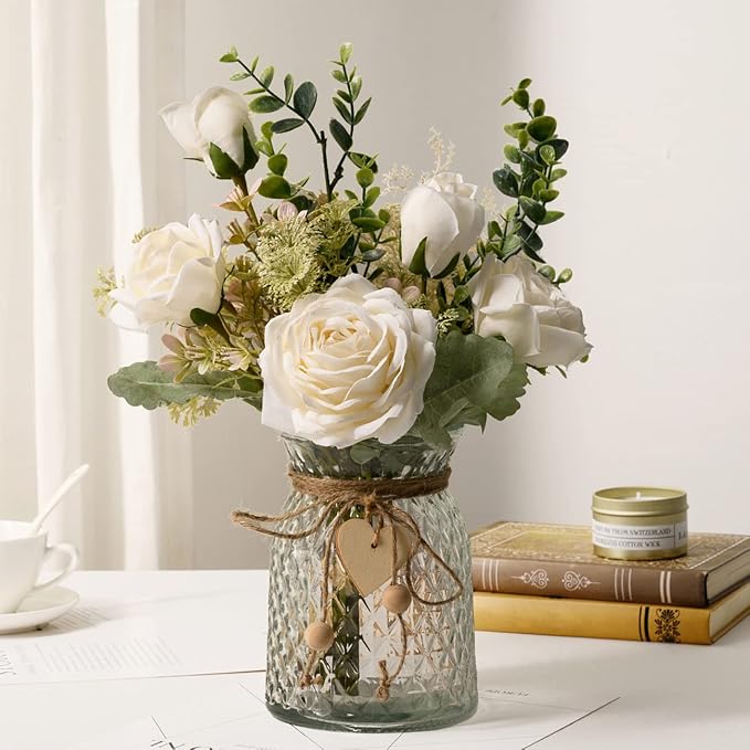 YJ Fake Flowers with Vase, Silk Roses Artificial Flowers in Vase, Faux Flower by Unknown