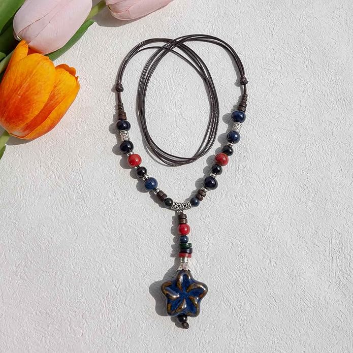 Adjustable Ceramic Beaded Necklace for Women, Boho Handmade Flower Pendant Necklace, Hippie Jewelry for Mom and Wife