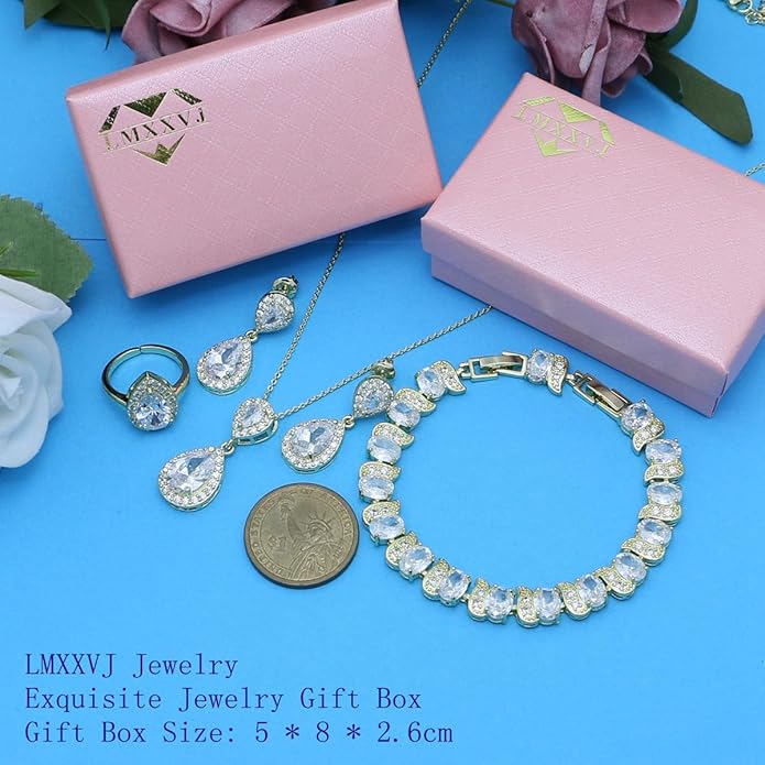 LMXXVJ Teardrop Jewelry Set for Women，Necklace Earrings Adjustable Ring Bracelet Set Fashion Formal Platinum/Gold/Rose Gold Jewelry Gift Girl/Mom/Wife/Grandmother/Best Friend/Aunt