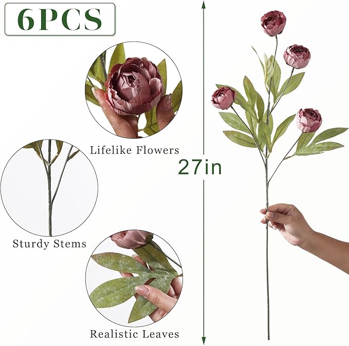 6 Pcs 27" Faux Silk Peony Artificial Flowers Stems - Image 5