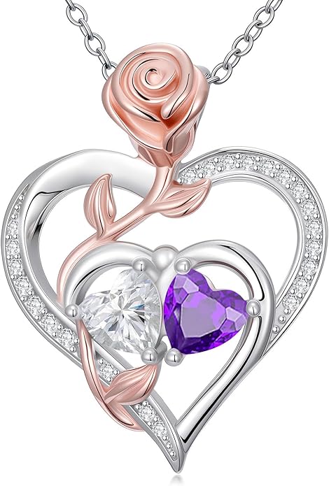 Rose Flower Heart Pendant for Women Birthday Gifts 18k Gold Plated Mother Daughter Necklace with 12 Months Birthstone Christmas Valentines Day Gifts for Her Mom Anniversarry Jewelry for Mom Wife Girlfriend