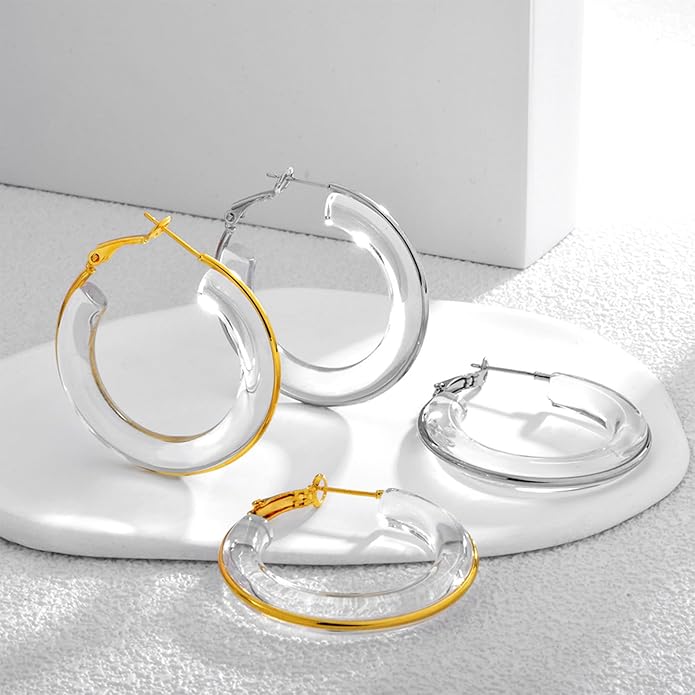 Acrylic Hoop Earrings Sterling Silver Lucite Clear Resin Rectangle Transparent Hoops for Women