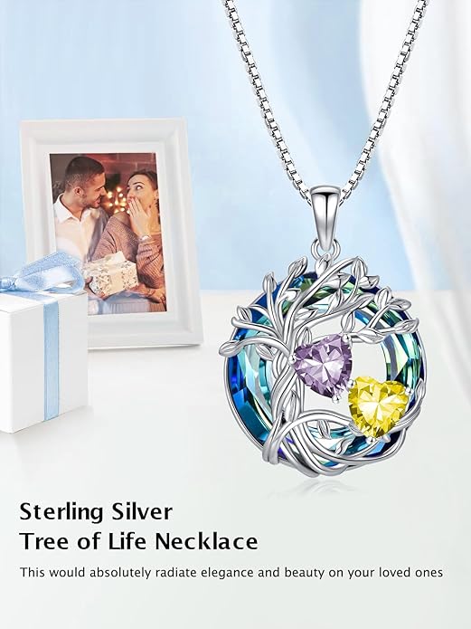 TOUPOP s925 Sterling Silver Family Celtic Tree of Life Pendant Necklaces with 2 Heart Birthstone with Blue Austrian Crystal Jewelry Birthday Valentines Day Gifts for Her, Anniversary Christmas Gifts for Wife Girlfriend Mom (18K Real White Gold Filled)