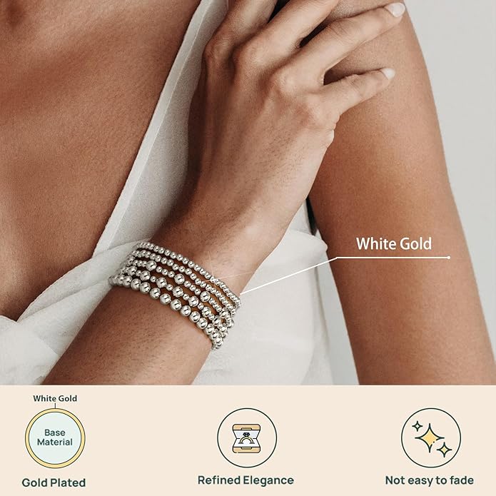 adoyi Valentines Day Gifts for Her Gold Bracelets for Women Waterproof, 14K Gold Plated Beaded Strand Bead Ball Bracelets stack Adjustable Jewelry Set for Gifts