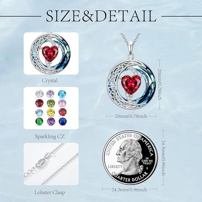 Valentines Day Gifts for Women, Birthstone Necklace for Women, Celtic Moon Pendant Blue Crystal Necklace Heart Jewelry Anniversary Jewelry Gift for Daughter Wife Mother Sister