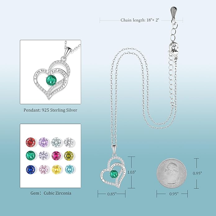 Birthday Gifts Double Heart Birthstone Necklace for Women, S925 Sterling Silver Pendant Necklace Jewelry for Her Mother Mom Wife Girlfriend