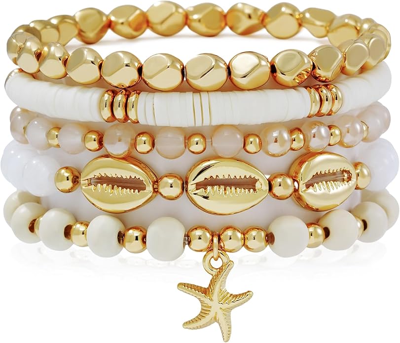 GOOJIDS Surfer Heishi Clay Bead Bracelets for Women Bohemian Stackable Gold Plated Beaded Stretch Bracelets Elastic Layering Friendship Bracelets Set Boho Jewelry