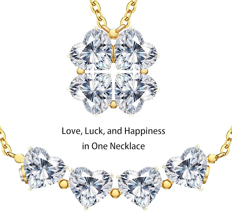 Luckylove 2-In-1 Four Heart Necklace for Women, 4 or 2 Carats Moissanite, Sterling Silver Jewelry, Anniversary Birthday Christmas Valentines Day, Special Gifts For Wife Girlfriend Daughter Her