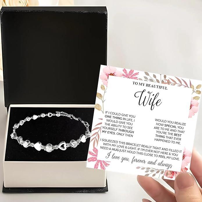 “To My Wife Heart Bracelet – Crystal Heart Link Jewelry Gift with Message Card”.