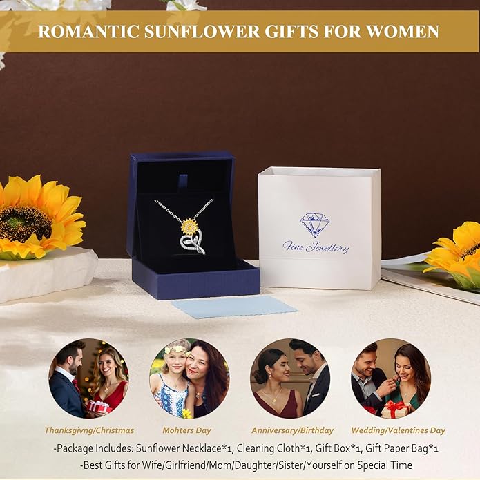 Valentine's Day Gifts for Her - 18K Gold Plated Sunflower Necklaces for Women Gifts for Wife Anniversary Birthday, 925 Sterling Silver Womens Jewelry You Are My Sunshine Gift for Wife Daughter