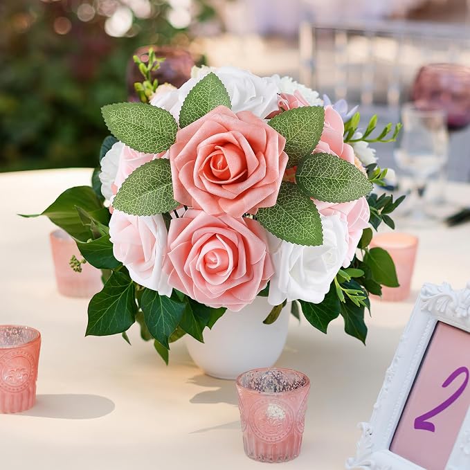 AmyHomie Blush Shades Rose 25pcs Real Looking Artificial Flowers w/Stem | - Image 2