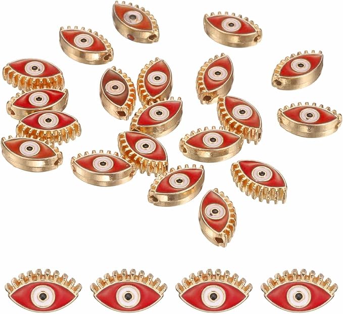 MECCANIXITY 20 Pcs Eye Shaped Evil Eye Beads Colorful Flat Loose Spacer Evil Eye Charms for DIY Bracelet Earrings Necklace Crafts Jewelry Making, Red