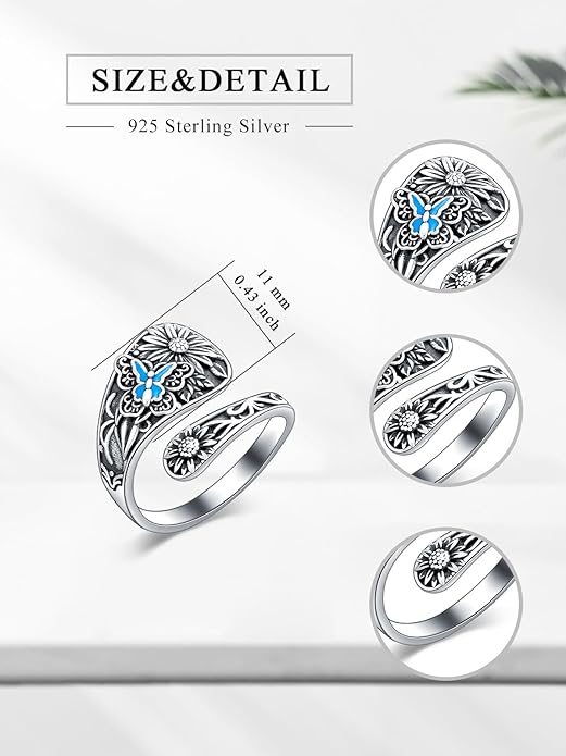 Midari Sun and Moon/Bee/Celtic/Life of Tree/Lotus Spoon Ring for Women 925 Sterling Silver Adjustable Ring Open Ring for Women Men Halloween Birthday Gift