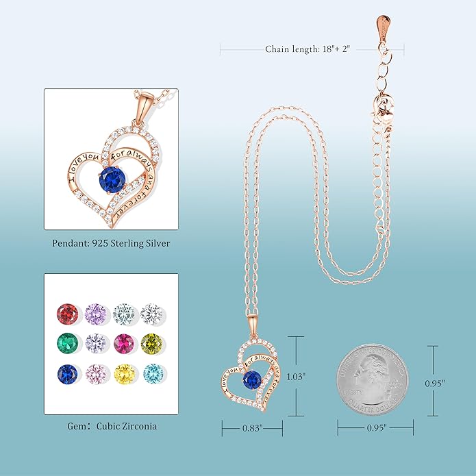 Birthday Gifts Double Heart Birthstone Necklace for Women, S925 Sterling Silver Pendant Necklace Jewelry for Her Mother Mom Wife Girlfriend