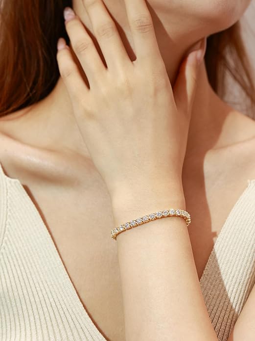 4 Carats 3mm Moissanite Bolo Tennis Bracelet,Adjustable Bolo Simulated Diamond Bracelets,18K Yellow Gold Plated 925 Sterling Silver,D Color VVS1 Round Brilliant Cut,Gifts for Women