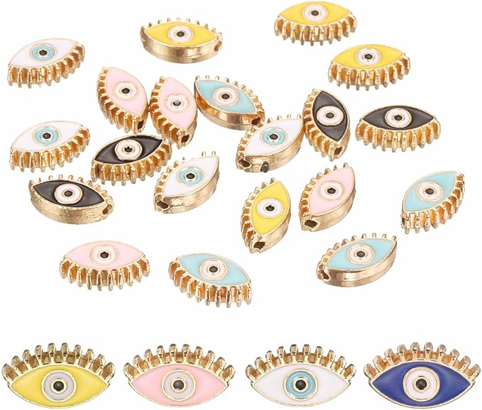 MECCANIXITY 20 Pcs Eye Shaped Evil Eye Beads Colorful Flat Loose Spacer Evil Eye Charms for DIY Bracelet Earrings Necklace Crafts Jewelry Making, Pink/Sky Blue/Yellow/Black/White
