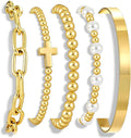 Valentines Day Gifts for Her Teen Wife Gold Beaded Bracelets for Women, 5 Pcs Dainty 14K Gold Plated Chunky Stretch Bead Ball Bracelet Stack