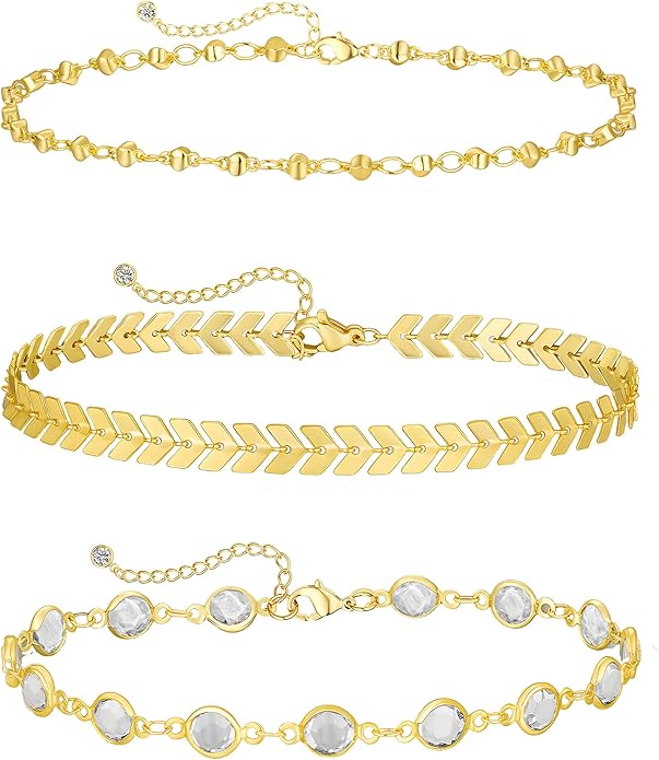MIDEEO Gold/Silver Ankle Bracelets for Women,14K Gold Anklets for Women Waterproof Cuban Link Heart Beads Herringbone Rhinestone Anklets Set Layered Anklet Bracelets for Women Gold Jewelry Gift