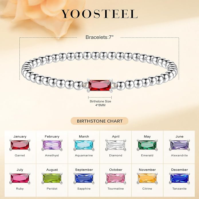 Yoosteel Valentines Gifts for Her Kids Girls - Valentines Day Bracelets Dainty Birthstone Bracelet for Women Elastic 14K-Gold-Plated Bead Bracelets Trendy Friendship Birthday Jewelry Gift for Teenage Girl Women