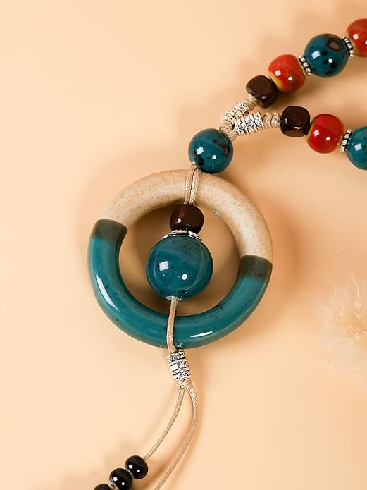 MINACHI Boho Hippie Colorful Ceramic Beads Strand O Ring Circle Charm Long Y Necklace, Vintage Bohemian Statement Jewelry Gift for Women