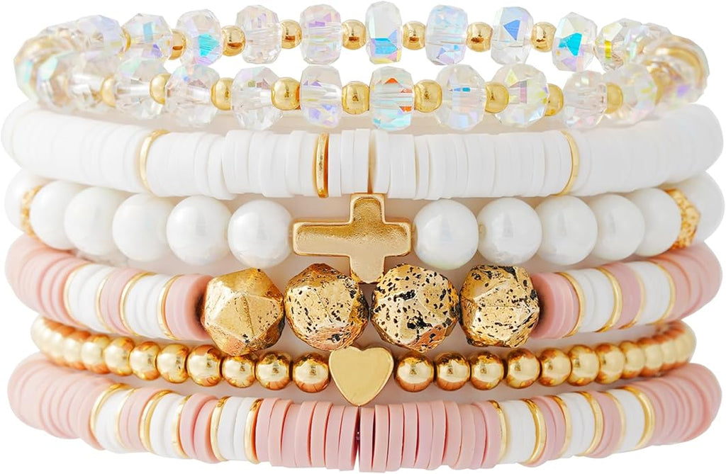 Heishi Beaded Stretch Bracelets for Women Stackable Polymer Clay Beads Bracelets Friendship Boho Summer Beach Bracelet Jewelry Set