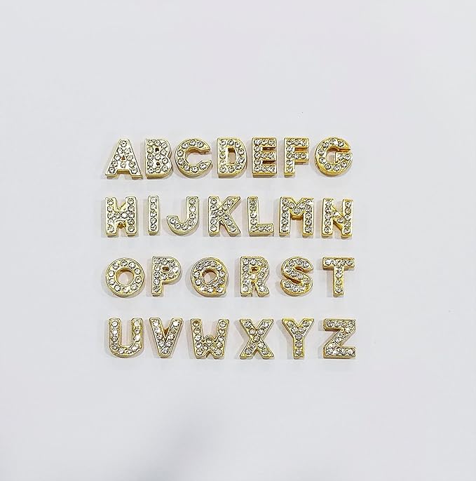 52 PCS A-Z Full Rhinestones Charms 8MM Slide Alphabet Crystal Letters for DIY Slide Wristbands Bracelets,Hair Clips,Jewelry Making Charms（52 PCS Gold 8mm）