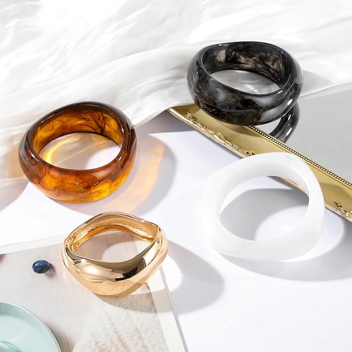 4Pcs Chunky Bangle Bracelets for Women Stackable Colorful Acrylic Gold Bangle Set Irregular Geometric Vintage Bracelets Statement Jewelry
